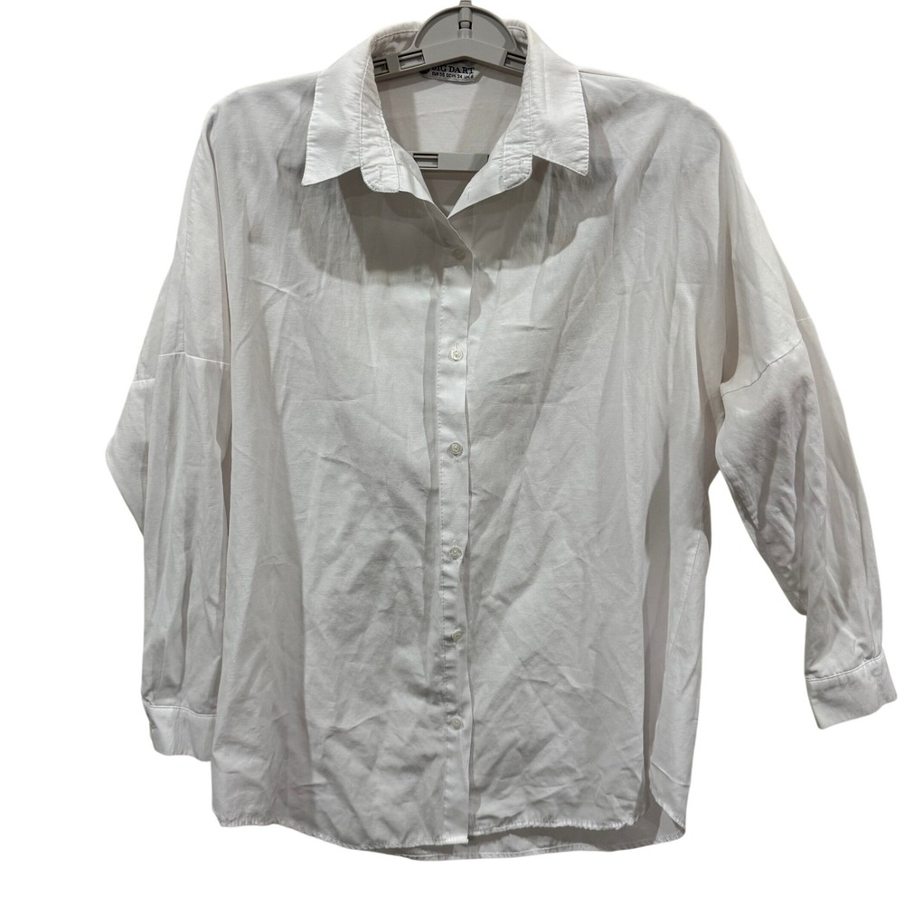 Big Dart Womens White Button Down Shirt Oversized Drop Shoulder Cotton Blend S/M